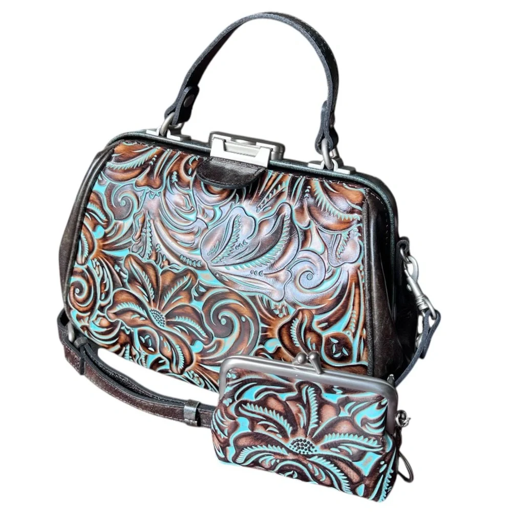 Patricia Nash Turquoise Framed Gracchi Tooled Burnt Leather Crossbody Set - Picture 5 of 16